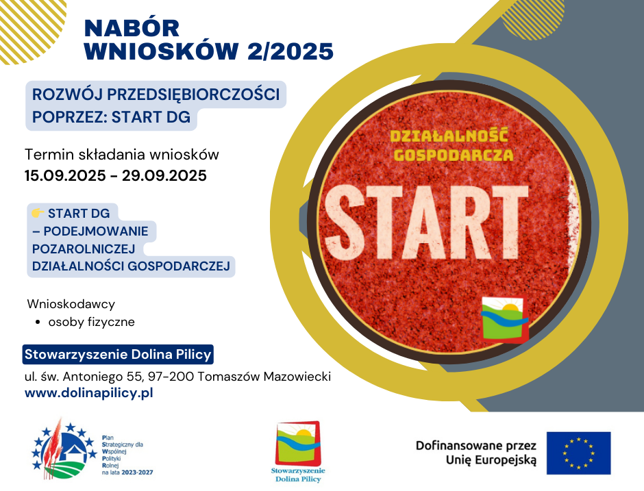 Plakat promujący ogłoszenie naboru wniosków o wsparcie w zakresie rozwoju przedsiębiorczości, poprzez start działalności gospodarczej